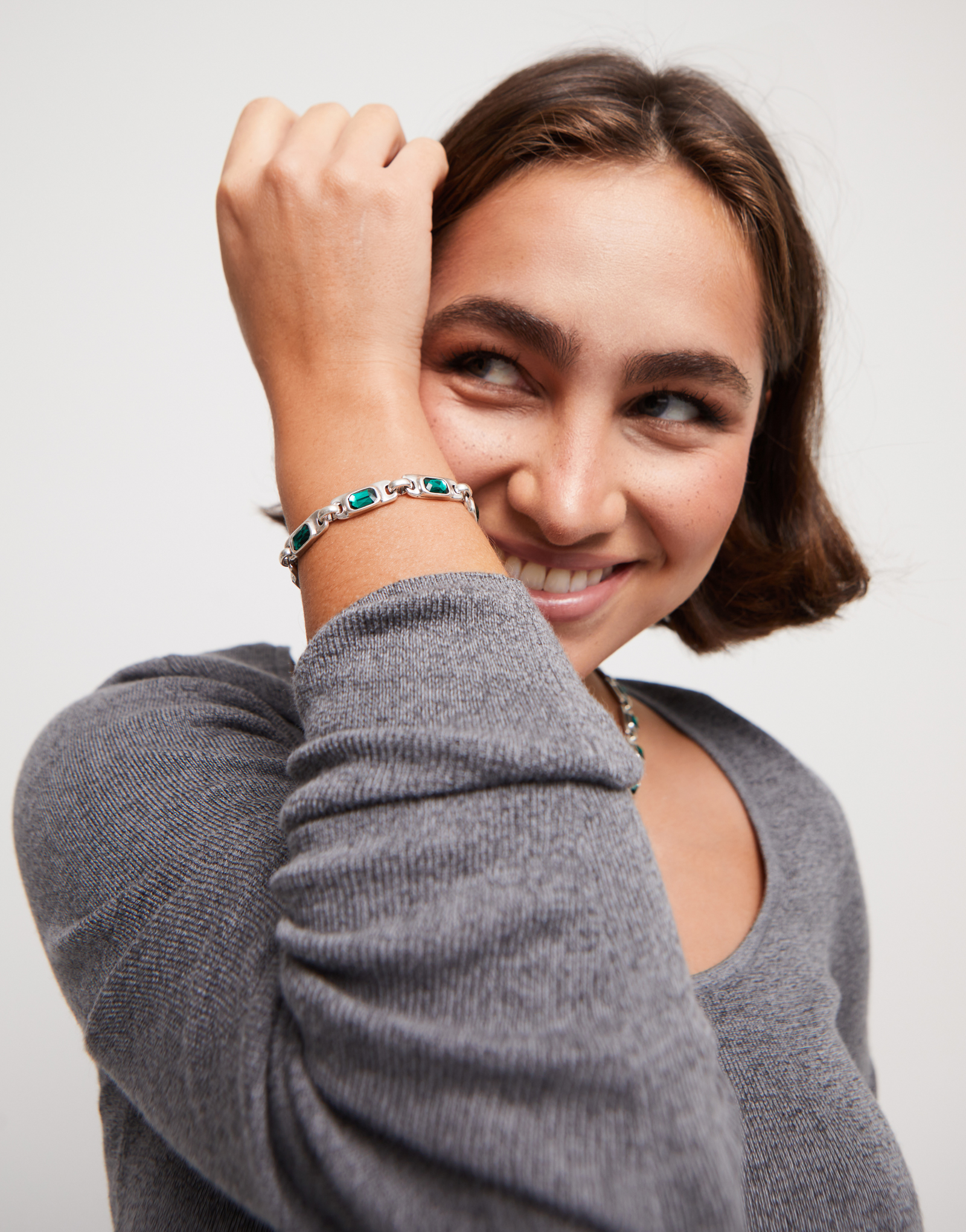 Pulsera de plata de ley con cristales verdes, Plateado, large thumbnail